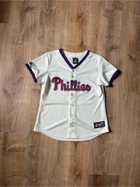 Majestic Cream Phillies women’s Jersey with Red & Blue Trim